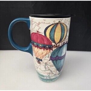 Cypress Home Hot Air Balloons Travel Mug Coffee Latte w/ Lid Ceramic Map 16oz